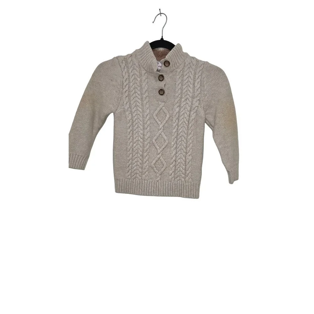 Hanna Anderson Kids Fisherman Cable Knit Beige Sweater Button Neck & Elbow Patch